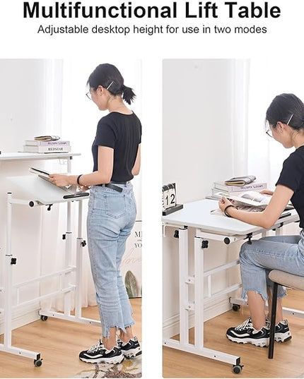 soges Mobile Laptop Sit-Stand Desk, Height Adjustable Standing Tiltable Top Desk, 31.5 inch Stand Up Computer Desk for Home Office, Small Rolling Desk with Cup Holder for Small Space, White - LeafyLoom