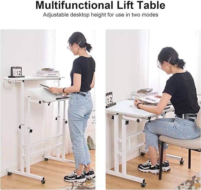 soges Mobile Laptop Sit-Stand Desk, Height Adjustable Standing Tiltable Top Desk, 31.5 inch Stand Up Computer Desk for Home Office, Small Rolling Desk with Cup Holder for Small Space, White - LeafyLoom