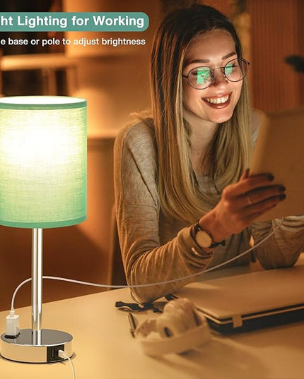 Innqoo Teal Touch Table Lamps Set of 2-3 Way Dimmable Bedside Lamp with USB C and A Ports and Outlets, Modern Nightstand Lamp with Silver Base, Small Bedroom Lamps for Kids Nursery - LeafyLoom