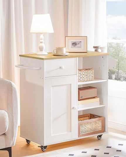 HOOBRO Kitchen Island, Storage Cabinet with Drawer, Kitchen Cart with Spice and Towel Rack, Saving Space, Easy Assembly, for Living Room, White and Natural WN12ZD01 - LeafyLoom