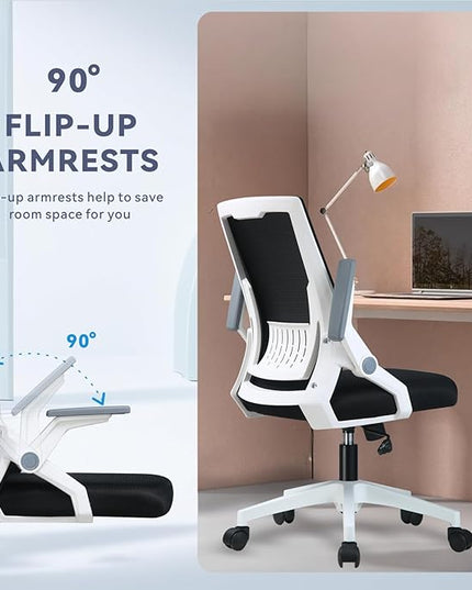 COMHOMA Office Chair with Flip-up Armrests Ergonomic Computer Desk Chair Foldable Mesh Task Chair with Wheels Adaptive Lumbar Support Swivel Tilt Comfortable Study Chair for Student, White - LeafyLoom