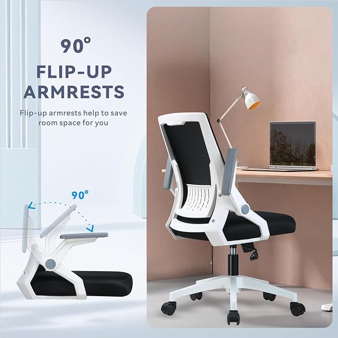 COMHOMA Office Chair with Flip-up Armrests Ergonomic Computer Desk Chair Foldable Mesh Task Chair with Wheels Adaptive Lumbar Support Swivel Tilt Comfortable Study Chair for Student, White - LeafyLoom