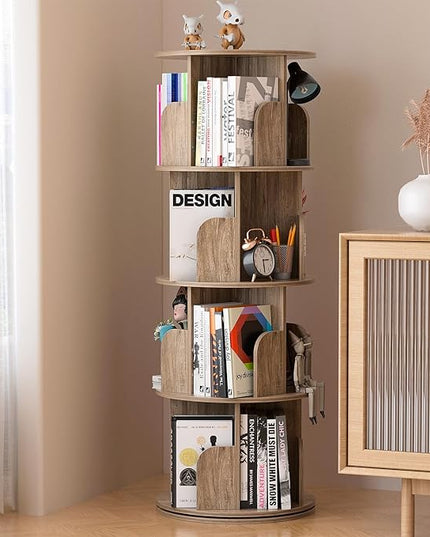 Nisorpa 4 Tier Rotating Bookshelf, 360° Revolving Bookcase Wood Rotating Stackable Shelves Floor-Standing Storage Display Rack Used in Bedrooms Living Rooms Study Office (52"x18"x18") - LeafyLoom