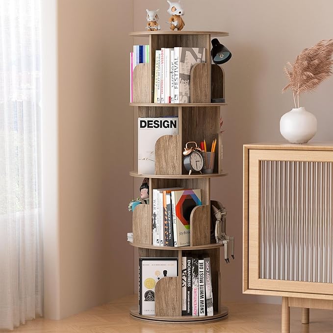 Nisorpa 4 Tier Rotating Bookshelf, 360° Revolving Bookcase Wood Rotating Stackable Shelves Floor-Standing Storage Display Rack Used in Bedrooms Living Rooms Study Office (52"x18"x18") - LeafyLoom