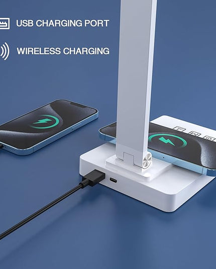 LED Desk Lamp with Wireless Charger and USB Charging Port,Desk Lamps for Home Office,Study Dimmable Table Lamp Desk Light,5 Colors Stepless Dimming,Eye-Caring Desk Lamp for College Dorm Room - LeafyLoom