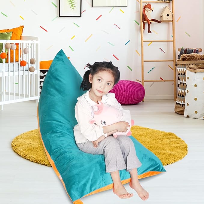 Stuffed Animal Storage Bean Bag Chair Cover, Velvet Turquoise Orange Plush Toy Storage Stuff and Sit Seat for Kids/Teens/Adults, 52" x 31" Extra Large Triangle Sofa, 200L/52Gal, Cover Only - LeafyLoom