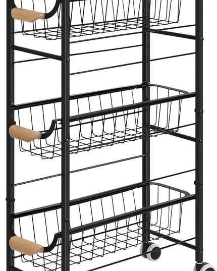 Slim Rolling Storage Cart,4-Tier Rolling Kitchen Cart,Narrow Utility Cart with Pull-Out Basket and Wooden Top,for Ktichen,Bathroom,Laundry Room,Small Space,Rustic Brown - LeafyLoom