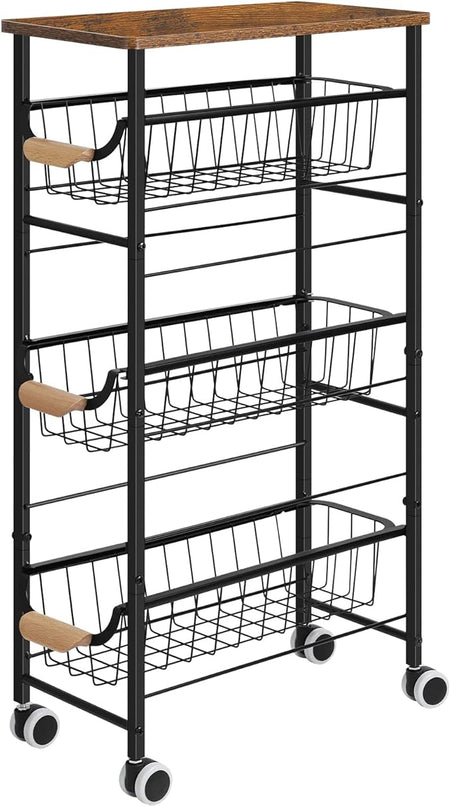 Slim Rolling Storage Cart,4-Tier Rolling Kitchen Cart,Narrow Utility Cart with Pull-Out Basket and Wooden Top,for Ktichen,Bathroom,Laundry Room,Small Space,Rustic Brown - LeafyLoom