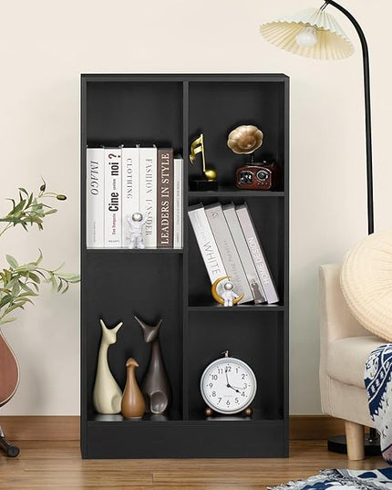YAHARBO 5 Cube Black Bookshelf,Small Modern Horizontal Bookcase,Wood Floor Standing Low Bookshelves Display Storage Cabinet with Base, Short Book Shelf Open Organizer for Bedroom,Living Room,Office - LeafyLoom