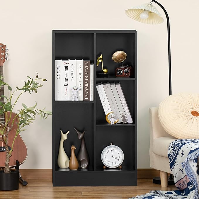 YAHARBO 5 Cube Black Bookshelf,Small Modern Horizontal Bookcase,Wood Floor Standing Low Bookshelves Display Storage Cabinet with Base, Short Book Shelf Open Organizer for Bedroom,Living Room,Office - LeafyLoom
