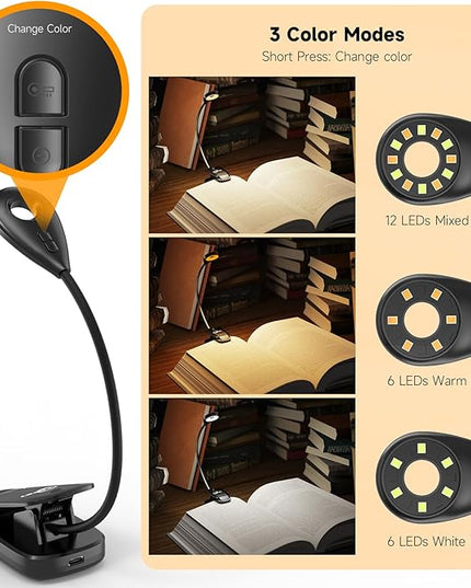 Book Lights for Reading in Bed, 12 LEDs Rechargeable Battery Clip Lamp with 3 Lighting Color, Stepless Dimming, Eye Protection, 80 Hours Runtime, 360° Flexible Gooseneck, Lightweight, Portable - LeafyLoom