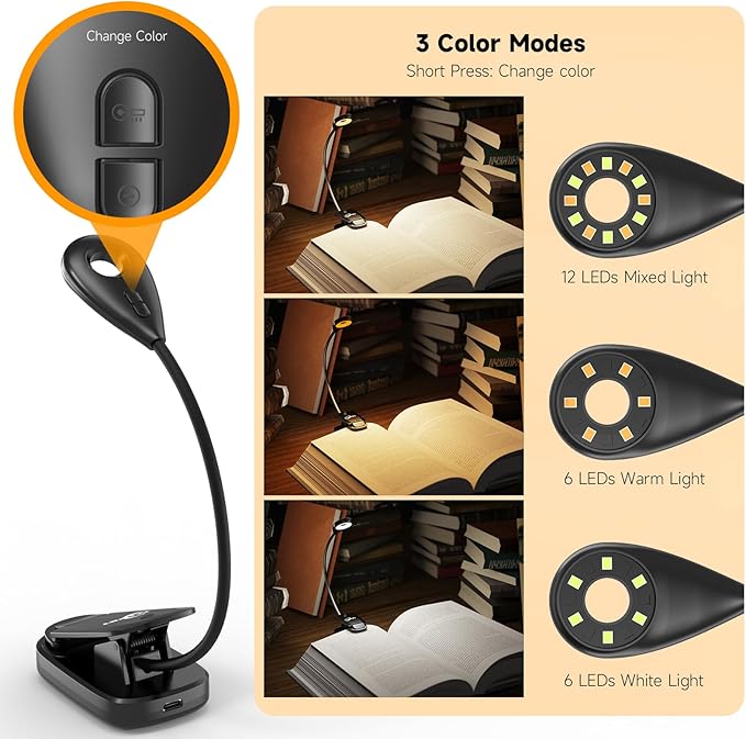 Book Lights for Reading in Bed, 12 LEDs Rechargeable Battery Clip Lamp with 3 Lighting Color, Stepless Dimming, Eye Protection, 80 Hours Runtime, 360° Flexible Gooseneck, Lightweight, Portable - LeafyLoom