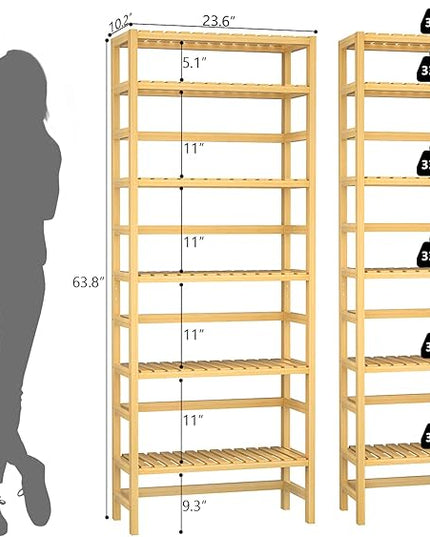 Homykic Bookshelf, 6-Tier Bamboo Adjustable 63.4” Tall Bookcase Book Shelf Organizer, Free Standing Storage Shelving Unit for Living Room, Kitchen, Bedroom, Bathroom, Office, Rust Resistance, Natural - LeafyLoom
