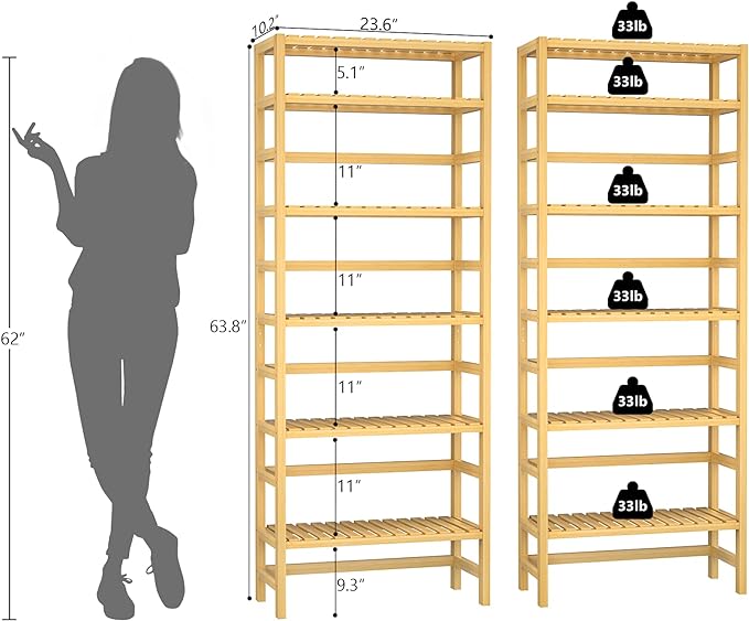Homykic Bookshelf, 6-Tier Bamboo Adjustable 63.4” Tall Bookcase Book Shelf Organizer, Free Standing Storage Shelving Unit for Living Room, Kitchen, Bedroom, Bathroom, Office, Rust Resistance, Natural - LeafyLoom