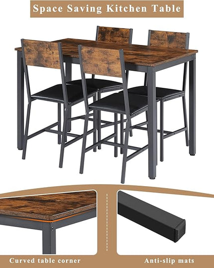 4 Chairs Dining Table Set for 4-8, Modern Space Saving Kitchen Desk, Wooden Industrial Style Farmhouse, 47", Leather Black Brown - LeafyLoom