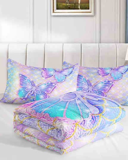 CVHOUSE Butterfly Comforter Set King Size,Rainbow Mermaid Butterfliy Bedding Set for Kids Girls,Rainbow Mermaid Butterflies Quilt Set Butterfly Duvet Set Girl's Bedroom Decor 3 Pieces - LeafyLoom