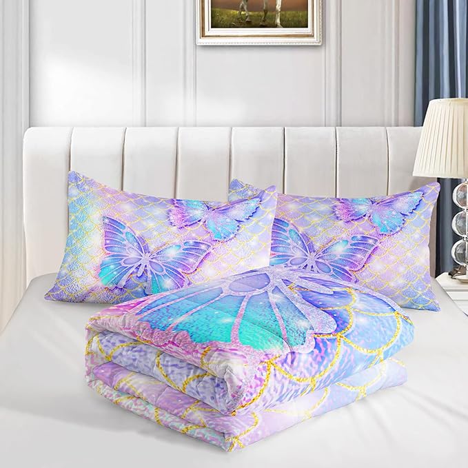 CVHOUSE Butterfly Comforter Set King Size,Rainbow Mermaid Butterfliy Bedding Set for Kids Girls,Rainbow Mermaid Butterflies Quilt Set Butterfly Duvet Set Girl's Bedroom Decor 3 Pieces - LeafyLoom