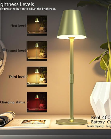 2Pack LED CordlessTable Lamp,4000mAh Rechargeable Battery Desk lamp,3 Level Brightness Night Light, Simple Design, for Couple Dinner/Coffee Table/Restaurant/Bedroom(Champagne gold 2Pack) - LeafyLoom