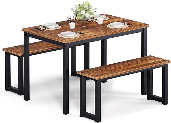 sogesfurniture Kitchen Table Set with 2 Benches, Dining Table Set for 4, 3 Piece Dining Room Set Industrial Style Furniture, Wooden Kitchen and Dining Set, Dining Table with Benches,Vintage Brown - LeafyLoom