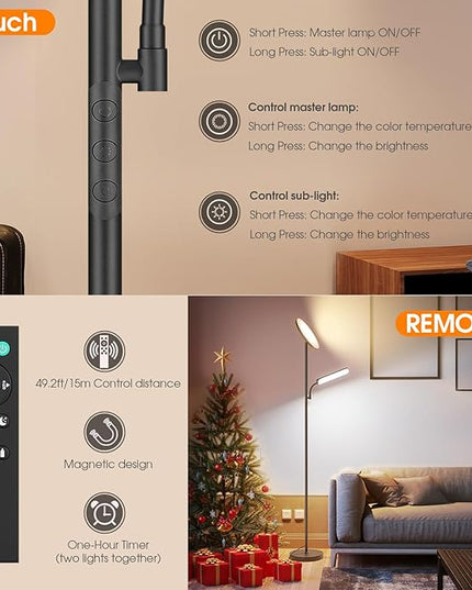 LED Floor Lamp, 48W 4000LM Super Bright Torchiere Floor Lamp with Adjustable Reading Light, Dimmable Standing Lamp with Remote & Touch Control - LeafyLoom