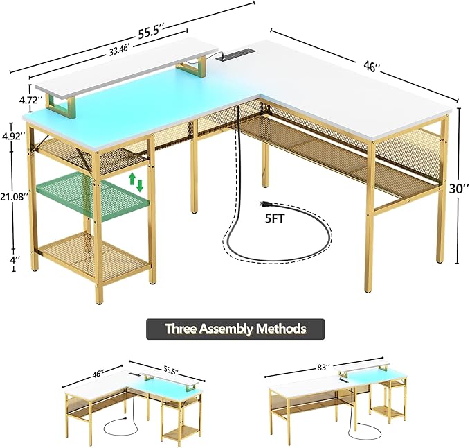 L Shaped Desk, 55 Inch Reversible Computer Desk with Power Outlet and RGB LED Light, Sturdy Corner Office Gaming Desk with Ergonomic Monitor Stand, Attractive Grid Design, White and Gold - LeafyLoom