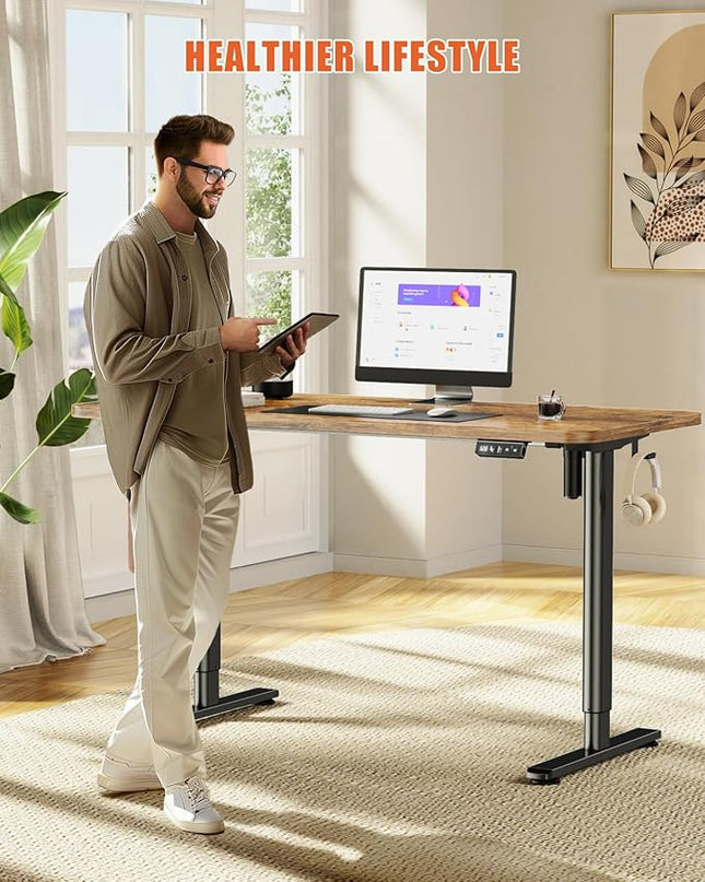 Electric Standing Desk Adjustable Height Stand Up Desk, 55" x 24" Sit Stand Desk, Low Noise Home Office Desk, Computer Desk with Splice Board, Child Lock & Memory Function, Rustic Brown - LeafyLoom