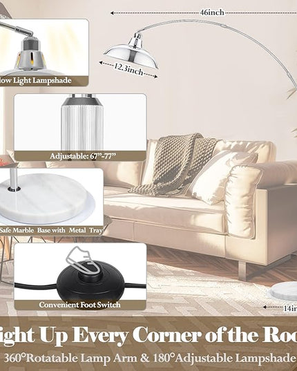 Modern 77" Arc Floor Lamp - Adjustable Sliver Standing Lamp for Living Room, Rotatable Arch Metal Pole Task Lamp Over The Couch, Adjustable Tall Lamp for Bedroom Office Home Brushed Nickel - LeafyLoom