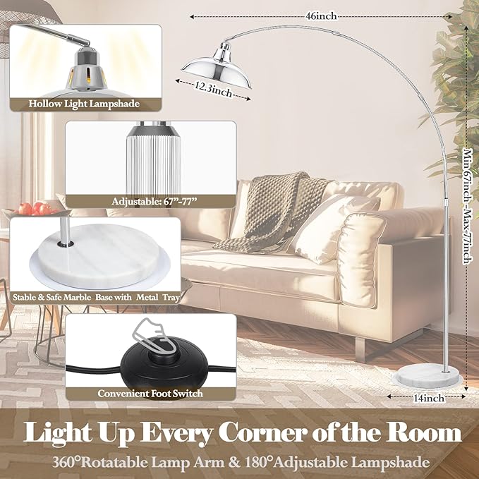 Modern 77" Arc Floor Lamp - Adjustable Sliver Standing Lamp for Living Room, Rotatable Arch Metal Pole Task Lamp Over The Couch, Adjustable Tall Lamp for Bedroom Office Home Brushed Nickel - LeafyLoom
