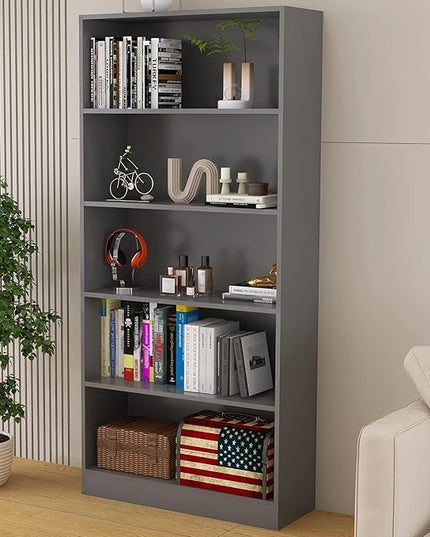 Wood Bookcase 5-Shelf Freestanding Display Shelf Organizer Wooden Bookshelf for Home Office School (Grey 11.8" D x 31.5" W x 67.9" H) - LeafyLoom