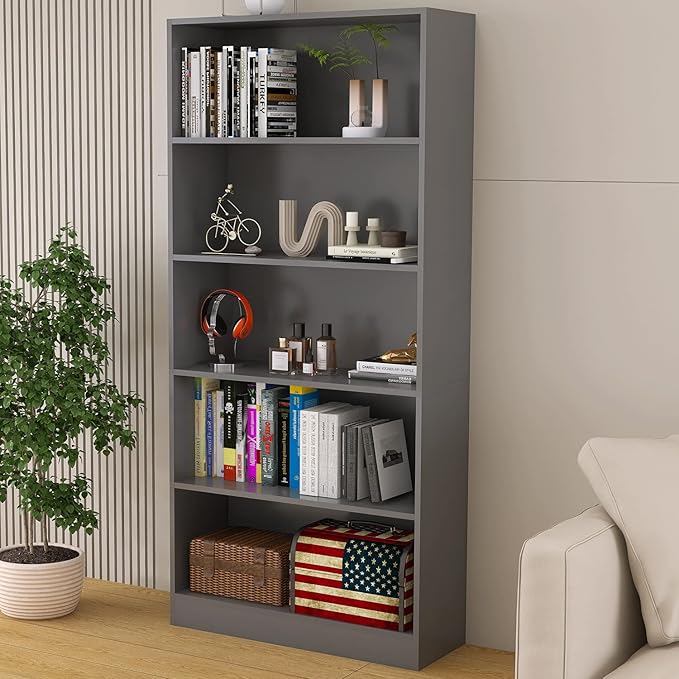 Wood Bookcase 5-Shelf Freestanding Display Shelf Organizer Wooden Bookshelf for Home Office School (Grey 11.8" D x 31.5" W x 67.9" H) - LeafyLoom