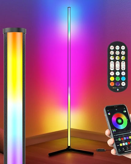 Corner Floor Lamp, 65” LED Smart Modern Music Sync Color Changing RGB Floor Lamp with Remote & App Control for Bedroom, Corner Lamp with 16 Million DIY Modes, Timer Setting for Gaming Room - LeafyLoom