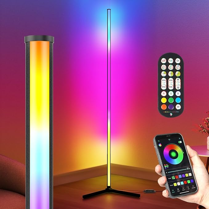 Corner Floor Lamp, 65” LED Smart Modern Music Sync Color Changing RGB Floor Lamp with Remote & App Control for Bedroom, Corner Lamp with 16 Million DIY Modes, Timer Setting for Gaming Room - LeafyLoom