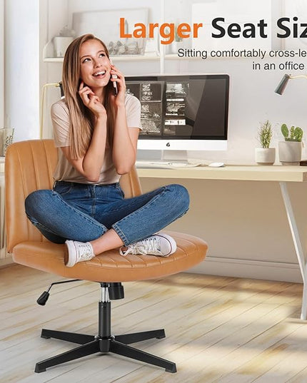 Sweetcrispy Office Chair No Wheels - Armless Desk Chair No Wheels Cross Legged Office Chair Wide Swivel Home Office Desk Chairs - LeafyLoom