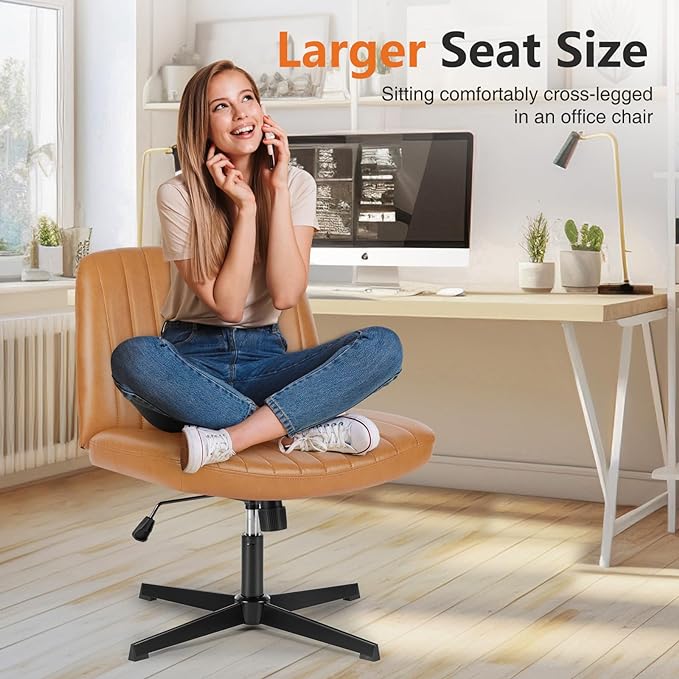 Sweetcrispy Office Chair No Wheels - Armless Desk Chair No Wheels Cross Legged Office Chair Wide Swivel Home Office Desk Chairs - LeafyLoom