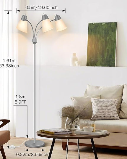 FOLKSMATE LED Floor Lamp, Medusa 3 Head Modern Adjustable Gooseneck Tall Standing Light for Living/Kids Room, Bedroom, Silver Grey - LeafyLoom