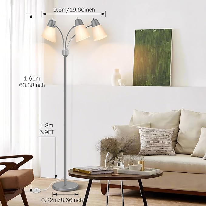 FOLKSMATE LED Floor Lamp, Medusa 3 Head Modern Adjustable Gooseneck Tall Standing Light for Living/Kids Room, Bedroom, Silver Grey - LeafyLoom
