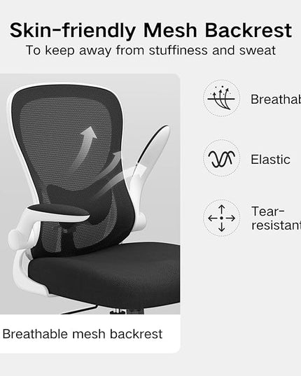 Hbada Office Chair Ergonomic Desk Chair, Office Desk Chairs with PU Silent Wheels, Breathable Mesh Computer Chair with Adjustable Lumbar Support, Flip-up Armrests, Tilt Function, White - LeafyLoom