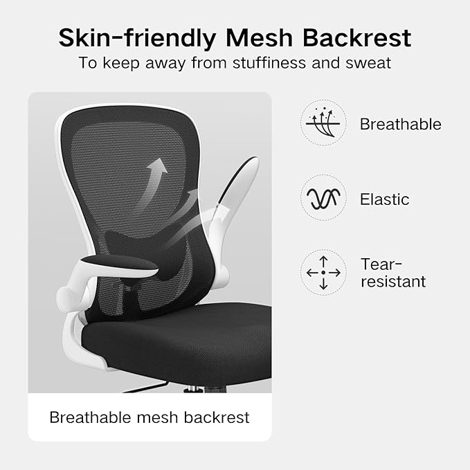 Hbada Office Chair Ergonomic Desk Chair, Office Desk Chairs with PU Silent Wheels, Breathable Mesh Computer Chair with Adjustable Lumbar Support, Flip-up Armrests, Tilt Function, White - LeafyLoom