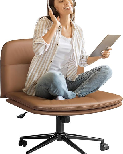 FLEXISPOT Cross Legged Office Chair for Vanity Desk Criss Cross Chair with Wheels Vanity Chair Armless Home Office Desk Chair Comfy Wide Seat Cushion(Coffee Brown) - LeafyLoom