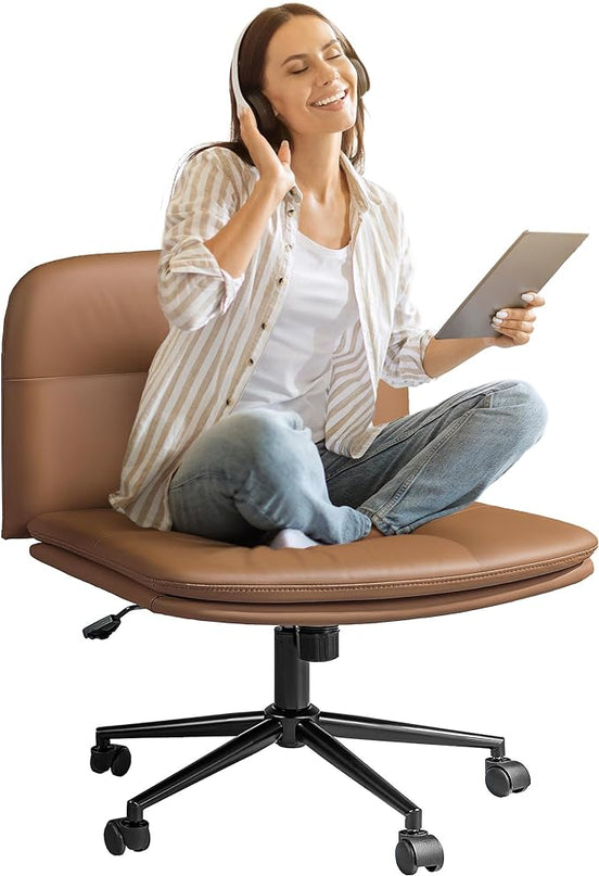 FLEXISPOT Cross Legged Office Chair for Vanity Desk Criss Cross Chair with Wheels Vanity Chair Armless Home Office Desk Chair Comfy Wide Seat Cushion(Coffee Brown) - LeafyLoom