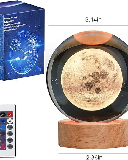 Large Crystal Ball 3D Moon Lamp Balkwan, Crystal Lamp 16 Color Changing Night Light with Remote Control for Bedroom Decor, Birthday Gift for Teens Boys and Girls, Moon Model - LeafyLoom