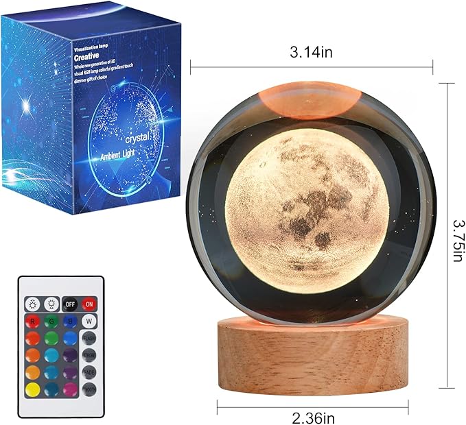 Large Crystal Ball 3D Moon Lamp Balkwan, Crystal Lamp 16 Color Changing Night Light with Remote Control for Bedroom Decor, Birthday Gift for Teens Boys and Girls, Moon Model - LeafyLoom