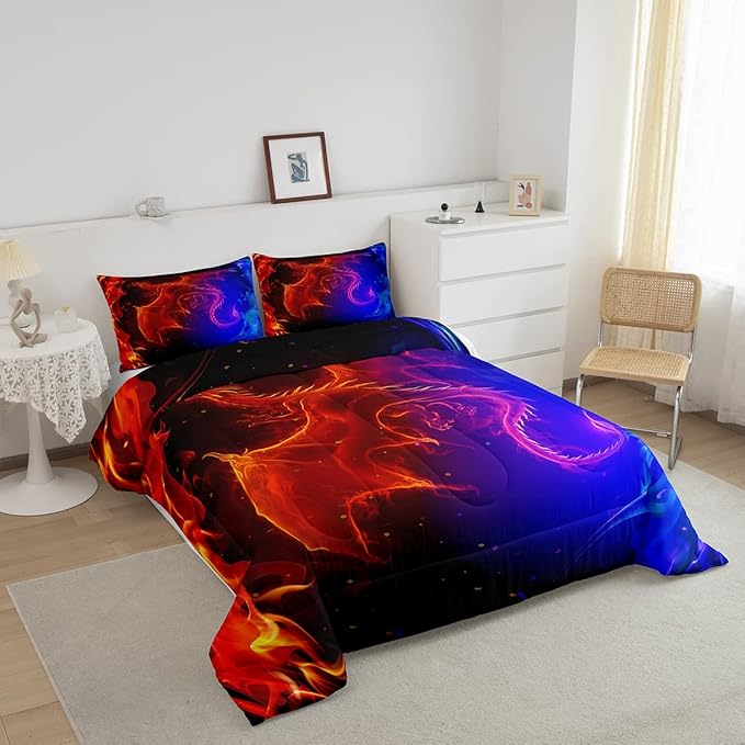 Erosebridal Dragon Comforter Set Nebula Bedding Set Twin Size Mysterious Outer Space Quilted Duvet Trippy Duvet Set for Kids Boys Girls Teens Young Man Room Decorative, Blue Red - LeafyLoom