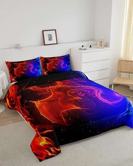 Erosebridal Dragon Comforter Set Nebula Bedding Set Queen Size Mysterious Outer Space Quilted Duvet Trippy Duvet Set for Kids Boys Girls Teens Young Man Room Decorative, Blue Red - LeafyLoom
