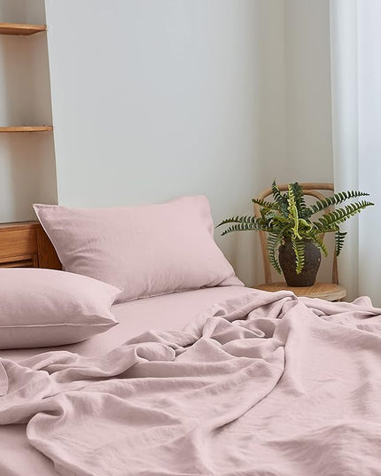 Simple&Opulence 100% Linen Sheet Set Solid Color-4 Pcs Washed French Linen Bed Sheets(1 Flat Sheet,1 Fitted Sheet,2 Pillowcases)-Breathable Bedding Set (Queen, Blush Pink) - LeafyLoom