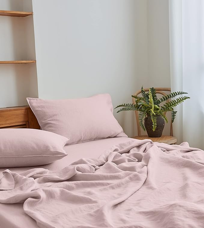 Simple&Opulence 100% Linen Sheet Set Solid Color-4 Pcs Washed French Linen Bed Sheets(1 Flat Sheet,1 Fitted Sheet,2 Pillowcases)-Breathable Bedding Set (Queen, Blush Pink) - LeafyLoom