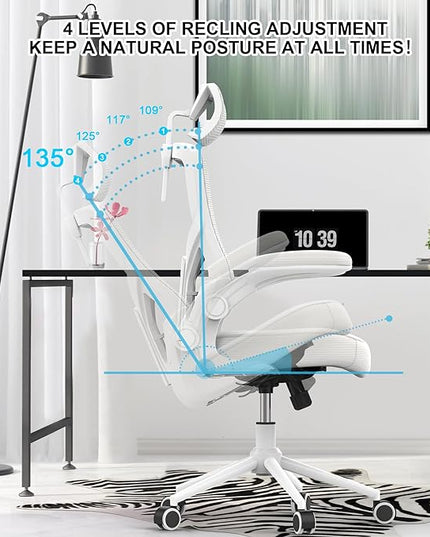 𝑯𝑶𝑴𝑬 𝑶𝑭𝑭𝑰𝑪𝑬 𝑪𝑯𝑨𝑰𝑹, Ergonomic Mesh Desk Chair, High Back Computer Chair- Adjustable Headrest with Flip-Up Arms, Lumbar Support, Swivel Executive Task Chair (Modern, White) - LeafyLoom