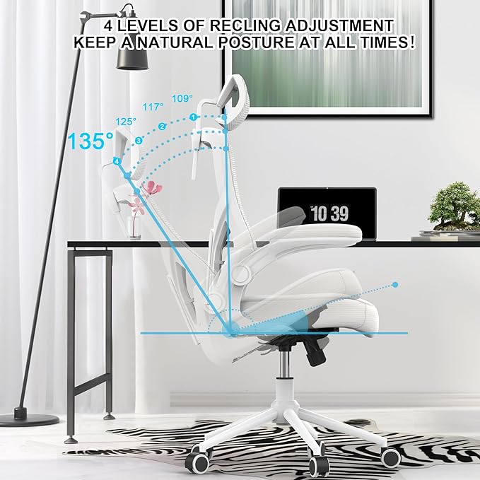 𝑯𝑶𝑴𝑬 𝑶𝑭𝑭𝑰𝑪𝑬 𝑪𝑯𝑨𝑰𝑹, Ergonomic Mesh Desk Chair, High Back Computer Chair- Adjustable Headrest with Flip-Up Arms, Lumbar Support, Swivel Executive Task Chair (Modern, White) - LeafyLoom