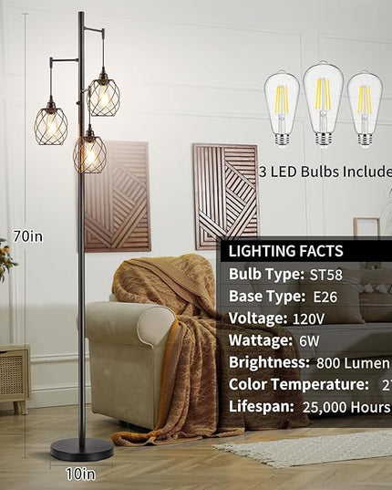 70" Dimmable Floor Lamp for Living Room, Industrial 3-light Tree Floor Lamp Black with Cages, Farmhouse Rustic Tall Standing Lamp Floor Lighting for Bedroom Office, LED Edison Bulbs - LeafyLoom