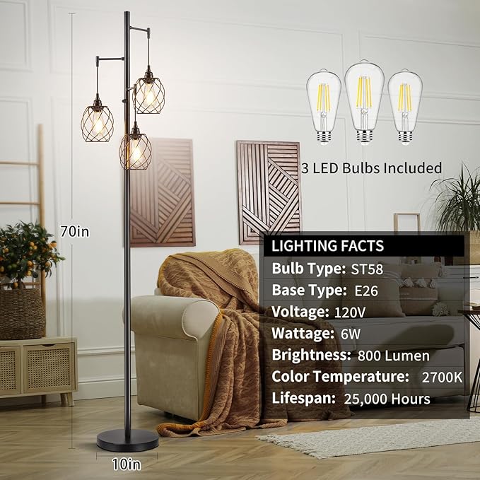 70" Dimmable Floor Lamp for Living Room, Industrial 3-light Tree Floor Lamp Black with Cages, Farmhouse Rustic Tall Standing Lamp Floor Lighting for Bedroom Office, LED Edison Bulbs - LeafyLoom
